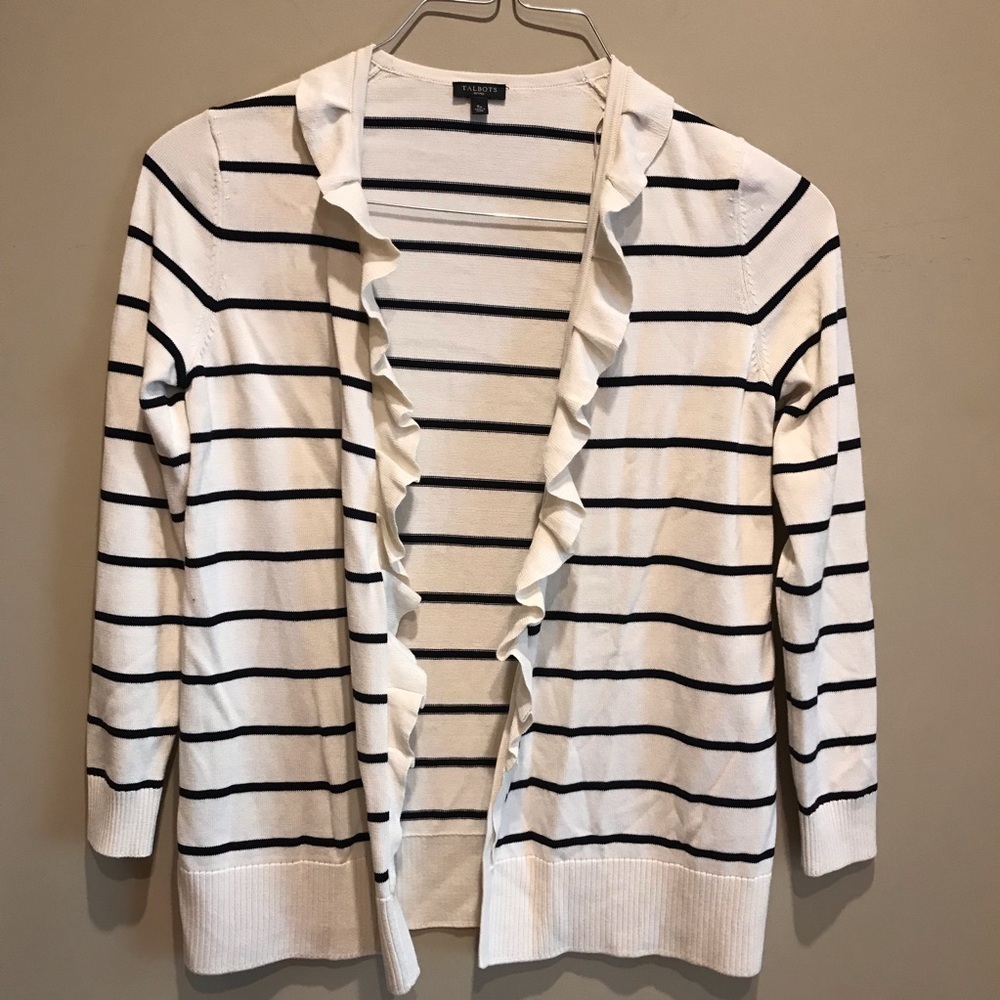 4/$25 Talbots Ruffle Front Cardigan White/Black S